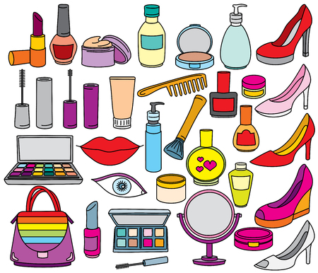 Set of coloured female cosmetics and accessories illustration.のイラスト素材