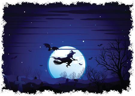 Halloween Background flying Witch over full Moonのイラスト素材