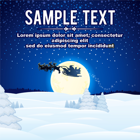 Christmas Illustration. Background with Santa driving his sleigh across the full moon on winter night ond over snowy winter landscapeのイラスト素材