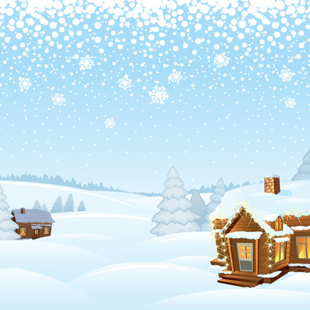 Snowy Day Rural Winter Landscape. Vector Illustrationのイラスト素材