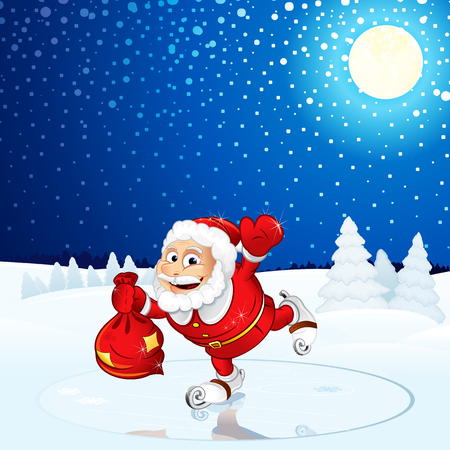 Santa Claus run on Winter Landscape. Vector Image For Text and Design.のイラスト素材
