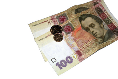 Ukrainian money, 100 hryvnas ~ $20, coins, portrait of famous Ukranian poet Taras Shevchenko