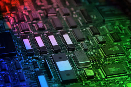 close-up photo of circuit board with semiconductor elements on it