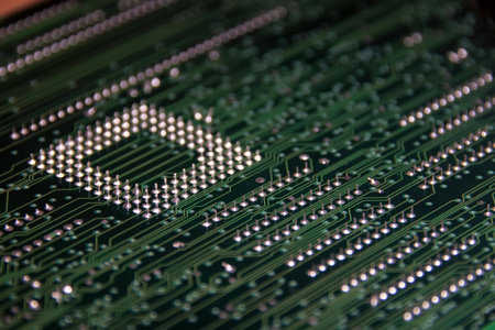 rear view of green circuit board where cpu is placed