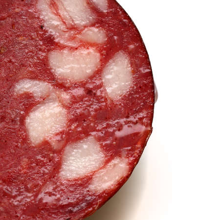 juicy piece of sausage isolated on white backgroundの写真素材