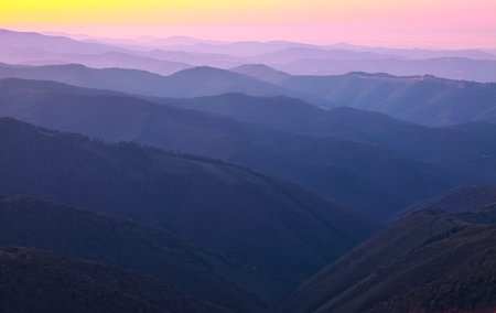 mountain peaks at sunset. sunset hazeの写真素材