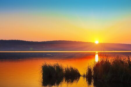Beautiful sunset over calm lake. Dusk time. reeds at foregrounadの写真素材