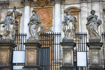 Sculptures of saints. Architectural details of the Church of the Apostles St. Peter and Paul in old...
