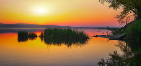 Beautiful sunset over calm lake. Dusk time. reeds at foregrounadの写真素材