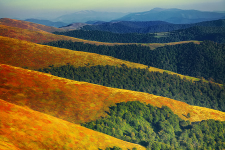 Autumn landscape with hills, trees and peaks on the horizon. mountain cascadeの写真素材