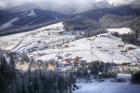 mountain views in the ski resort. Ski town in the lowlands.の写真素材
