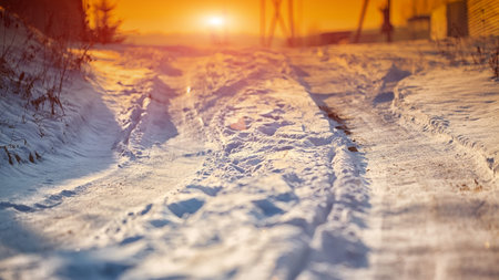 traces of the car wheels on a snowy road. Sunset timeの写真素材
