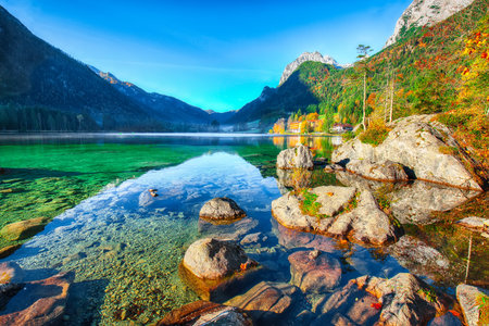 Fantastic autumn sunrise of Hintersee lake. Beautiful scene of trees near turquoise water of Hintersee lake. Location: resort Ramsau, National park Berchtesgadener Land, Upper Bavaria, Germany Alps, Europeの写真素材
