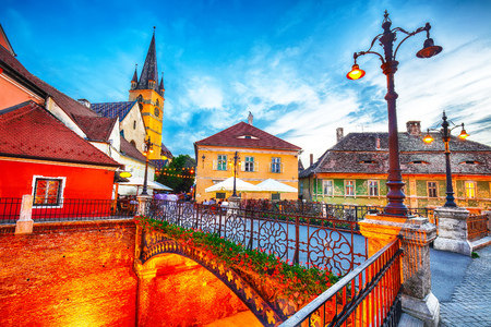 Evangelical Cathedral and the Liars Bridge in the center of Sibiu, Transylvania, Romania, Europeの写真素材