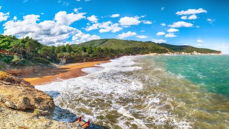 Above the cliffs at the coastline of Vieste. Summer rocky sea coast Baia Di Campi Vieste on the Gargano peninsula, Puglia, Italyの写真素材