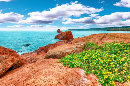 Awesome  view of Red Rocks called âis Scoglius Arrubiusâ) on Cea beach.  Location: Tortoli, Province of Ogliastra, Sardinia, Italy, Europeの写真素材