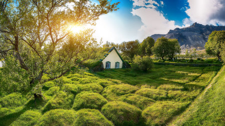 Picturesque view of  turf-top church Hofskirkja during sunset. Location: village of Hof, Skaftafell,...