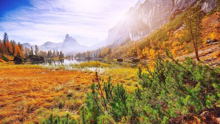 Fantastic autumn landscape. View on Federa Lake early in the morning at autumn. Location: Federa lake with Dolomites peak, Cortina DAmpezzo, South Tyrol, Dolomites, Italy, Europeの写真素材