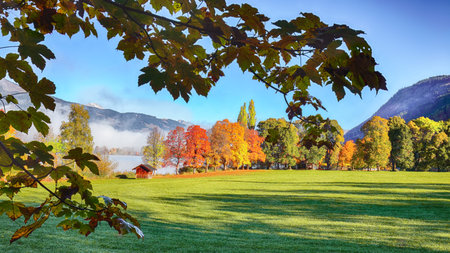 Spectacular autumn view of lake meadows trees and mountains in Sell Am See. Fantastic sunny day over lake. Location:  Zell am See, Salzburger Land, Austria, Europeの写真素材
