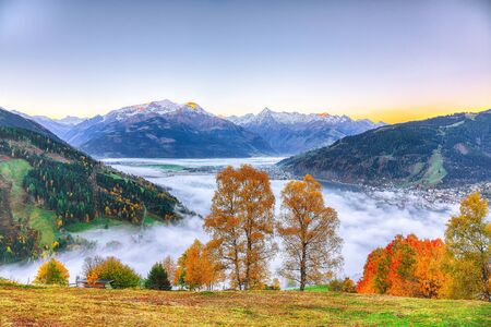 Spectacular autumn view of lake meadows trees and mountains in Sell Am See. Fantastic sunrise over lake. Location:  Zell am See, Salzburger Land, Austria, Europeの写真素材