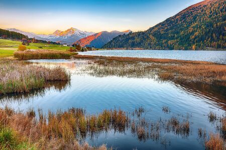 Splendid autumn panorama of Haidersee (Lago della Muta) lake with Ortler peak on background.Location: Lago della Muta or Haidersee, South Tyrol province, Region Trentino-Alto Adige, Italy, Europeの写真素材