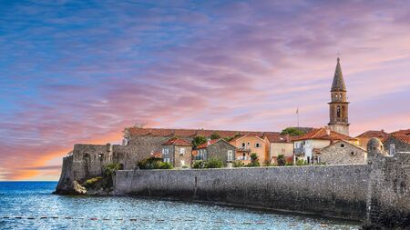 View of the old town Budva, one of medieval cities on Adriatic sea.  Location: Budva, Montenegro, Balkans, Europeの写真素材