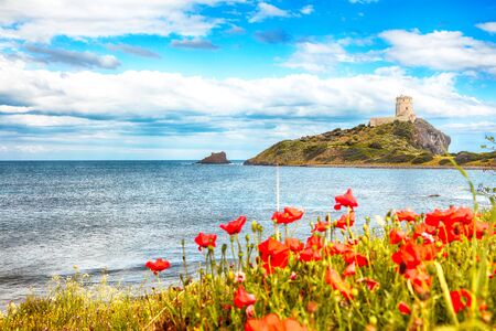 Ancient Spanish tower of Coltellazzo of Saint Efisio lighthouse at Nora archeological site . Location:  Nora, Pula, Sardinia, Italy Europeの写真素材
