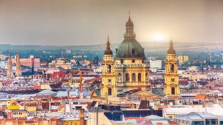 Panoramic view of Budapest with St. Stephen's Basilica at sunset.  Location: Budapest, Hungary, Europeの写真素材