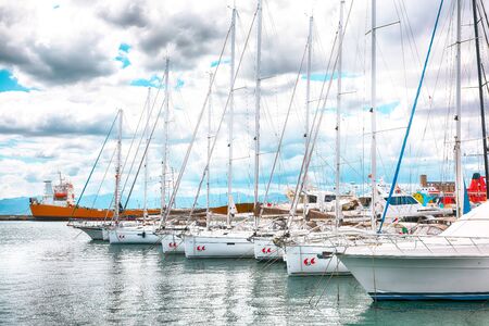 Splendid spring view on marina and Yachts and boats in town Cagliari. Location: Cagliari, Sardinia, Italy, Europeの写真素材