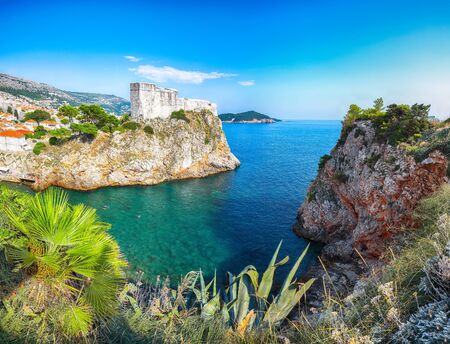 Aerial view at famous travel destination city of Dubrovnik - Fort Lovrijenac on a sunny day. Location:  Dubrovnik, Dalmatia, Croatia, Europeの写真素材