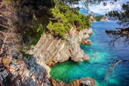 Shoreline and Adriatic sea scenic landscape on the coast path to Petrovac.  Location: Petrovac town, Montenegro, Balkans, Europeの写真素材