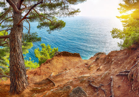 Shoreline and Adriatic sea scenic landscape on the coast path to Petrovac. Adriatic sea with small islet Sveta Nedelja. Location: Petrovac town, Montenegro, Balkans, Europeの写真素材