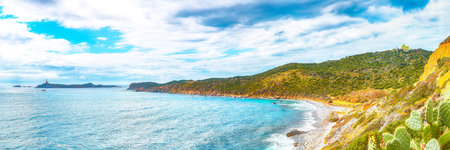 Fantastic view of Capo Carbonara beach with turquoise water and lighthouse. Location: Villasimius, Cagliari region, Sardinia, Italy, Europeの写真素材