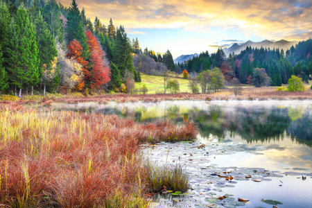 Marvelous view of Wagenbruchsee (Geroldsee) lake with Karwendelspitze mountain range on background. Location: Geroldsee, Krun, Bavarian Alps, Germany, Europeの写真素材
