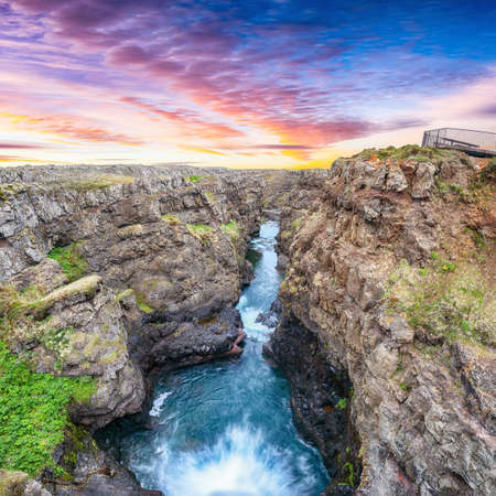 Spectacular view of  Kolugljufur canyon and Kolufossar falls. Kolugljufur gorge is located on river Vididalsa.  Location: Kolufossar waterfall, Vestur-Hunavatnssysla, Iceland, Europeの写真素材