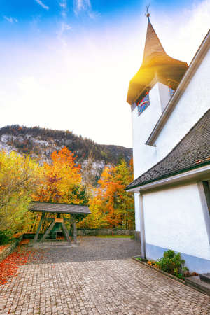 Captivating autumn view of Lauterbrunnen church .  Location: Lauterbrunnen village, Berner Oberland, Switzerland, Europe.の写真素材