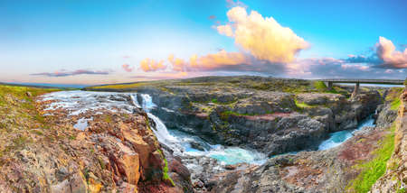 Astonishing view of  Kolugljufur canyon and Kolufossar falls. Kolugljufur gorge is located on river Vididalsa.  Location: Kolufossar waterfall, Vestur-Hunavatnssysla, Iceland, Europeの写真素材