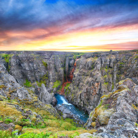 Astonishing view of Kolugljufur canyon and Kolufossar falls. Kolugljufur gorge is located on river Vididalsa. Location: Kolugljufur canyon, Vestur-Hunavatnssysla, Iceland, Europeの写真素材