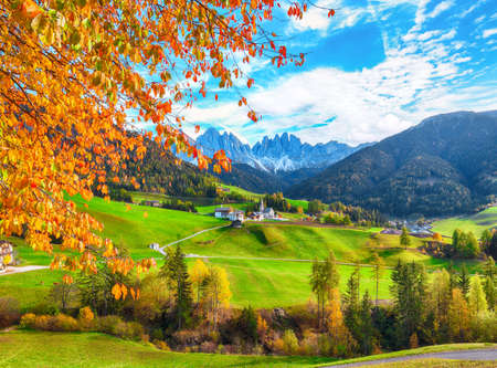 Colorful autumn scene of magnificent Santa Maddalena village in Dolomites. Location: Santa Maddalena village, Val di Funes, Trentino-Alto Adige, Dolomites, Italy, Europeの写真素材