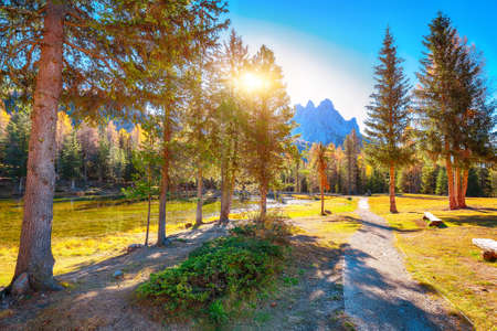 Astonishing view of popular travel destination mountain lake Antorno in autumn. Location: Antorno lake, Dolomiti alps, Province of Belluno, Italy, Europeの写真素材