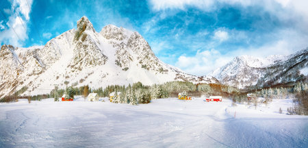 Gorgeous winter scenery with traditional Norwegian wooden houses and pine trees near Valberg village...