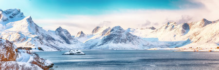 Fabulous winter view on Selfjordenn during sunny day and Krystad Village. Travel destinations on Lofotens Location: Flakstadoya island Lofoten; Norway, Europeの写真素材