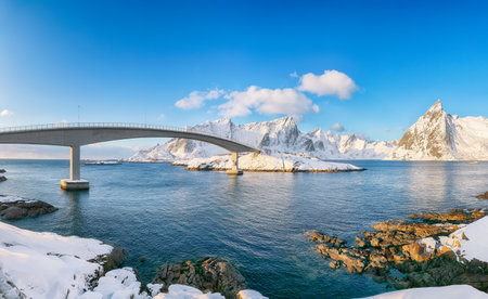 Panoramic winter view on Hamnoy village and bridge to Olenilsoya island. Popular tourist destination on Lofotens. Location: Hamnoy, Moskenesoya, Lofoten; Norway, Europeの写真素材