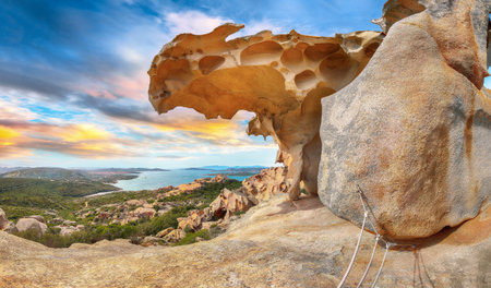 Breathtaking view on Palau from popular travel destination Bear Rock (Roccia dell'Orso). Location: Palau, Province of Olbia-Tempio, Sardinia, Italy, Europeの写真素材