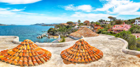 Gorgeous view of Porto Rafael resort. Awesome tiled roof of traditional houses. Location: Porto Rafael, Olbia Tempio province, Sardinia, Italy, Europeの写真素材