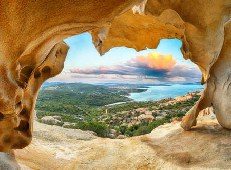 Fantastic view on Palau from popular travel destination Bear Rock (Roccia dell'Orso). Location: Palau, Province of Olbia-Tempio, Sardinia, Italy, Europeの写真素材