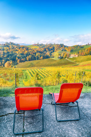 Fabulous vineyards landscape in South Styria near Gamlitz. Autumn scene of grape hills in popular travell destination Eckberg. Location: Gamlitz, district of Leibnitz in Styria, Austria. Europe.の写真素材
