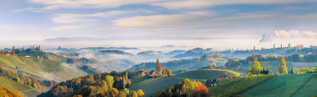 Fabulous vineyards landscape in South Styria near Gamlitz. Autumn scene of grape hills in popular travell destination Eckberg. Location: Gamlitz, district of Leibnitz in Styria, Austria. Europe.の写真素材