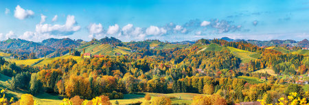 Splendid vineyards landscape in South Styria near Gamlitz. Autumn scene of grape hills in popular...