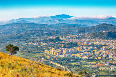 Astonishing morning cityscape of Bagheria town and national park Orientata Pizzo Cane. Location: Bagheria, Province of Palermo, Sicily, Italy, Europeの写真素材